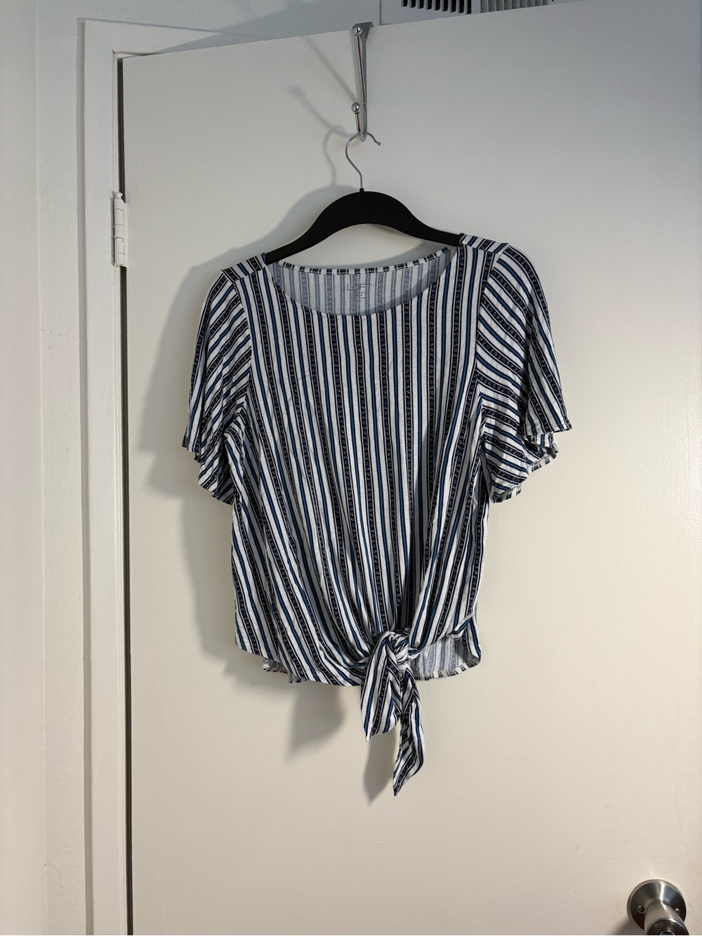 LOFT Striped Tie-Front Blouse in Navy & White